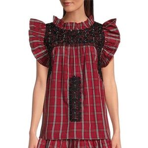 J.Marie Rayna Embroidered Plaid Cap Sleeve Ruffle Neck Top in Red Tartan Size M